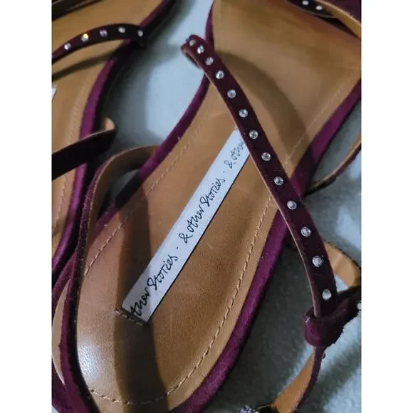 & Other Stories Sz 39 Studded Ankle Strap Sandals Purple Plum Velvet Suede - Picture 5 of 9